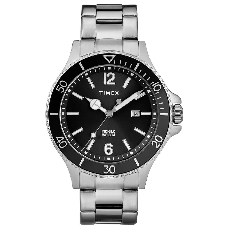 mens watches for travel with multiple time zones -Harborside Date 42mm Stainless Steel Band