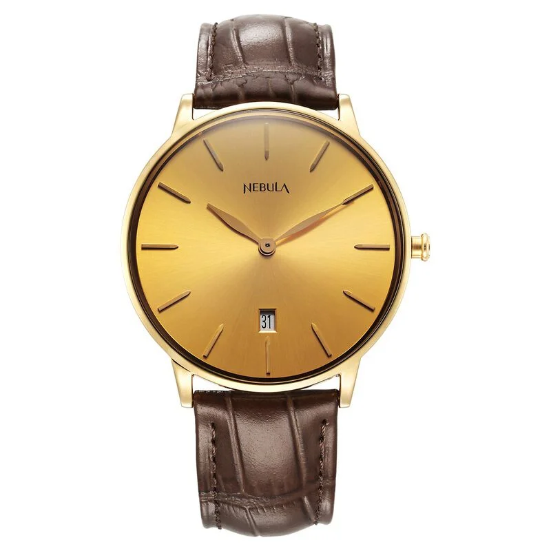 watches for men with stylish leather band -Nebula Quartz Analog With Date Champagne Dial Watch For Men