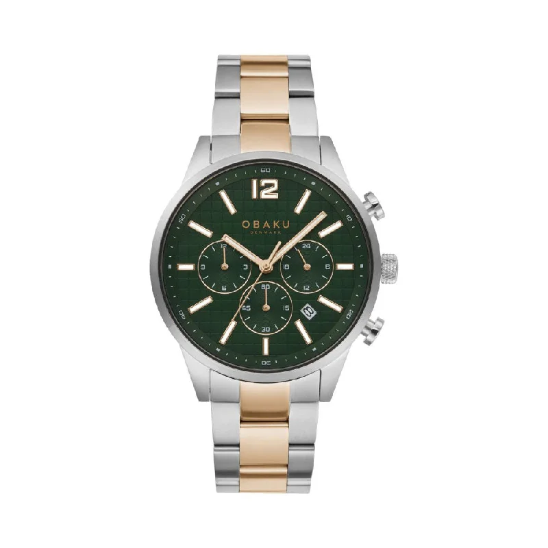 mens watches with rotating bezels -Obaku Skov Chronograph Green Round Dial Men's Watch - V205GUCESH1