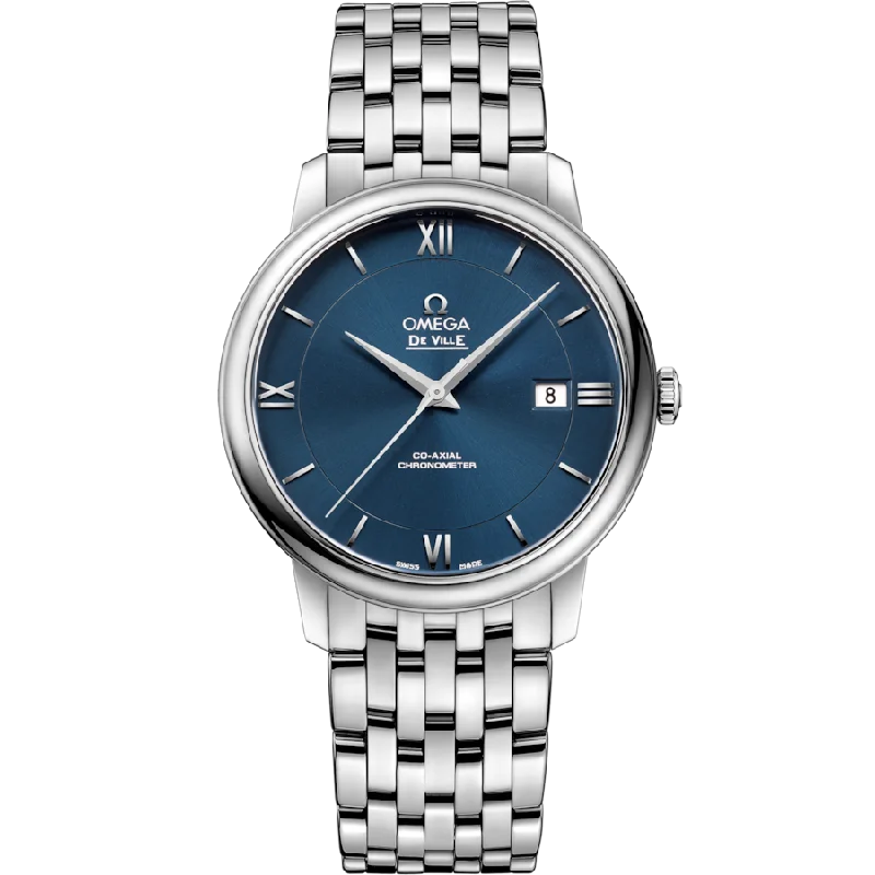 watches for men with dual time zone display -Omega De Ville Prestige Co‑Axial Chronometer Blue Dial Men 39.5MM