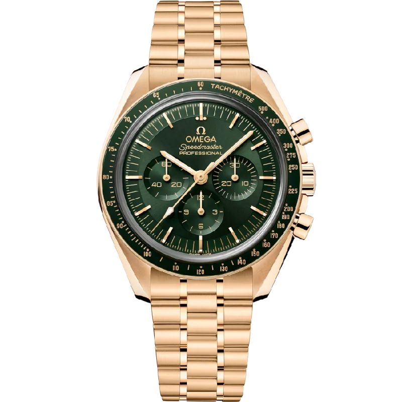 mens watches with classic analog display -Omega Omega Speedmaster Moonwatch Professional Co‑Axial Master Chronometer Green Dial Men 42MM