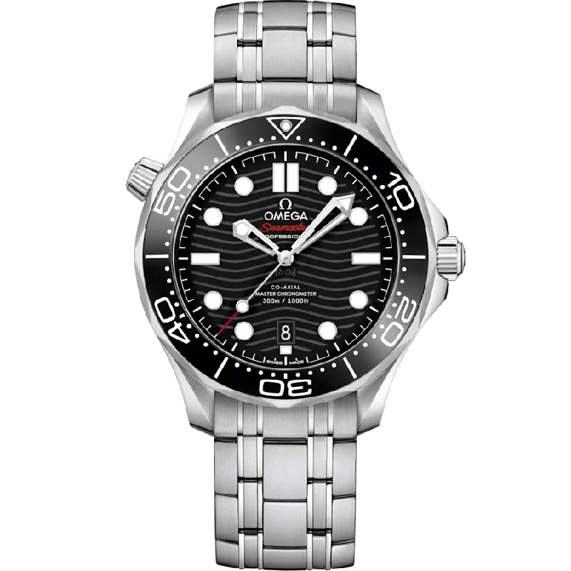 mens watches with a leather band and metal case -Omega Seamaster Diver 300M Co‑Axial Master Chronometerblack Dial Men 42MM