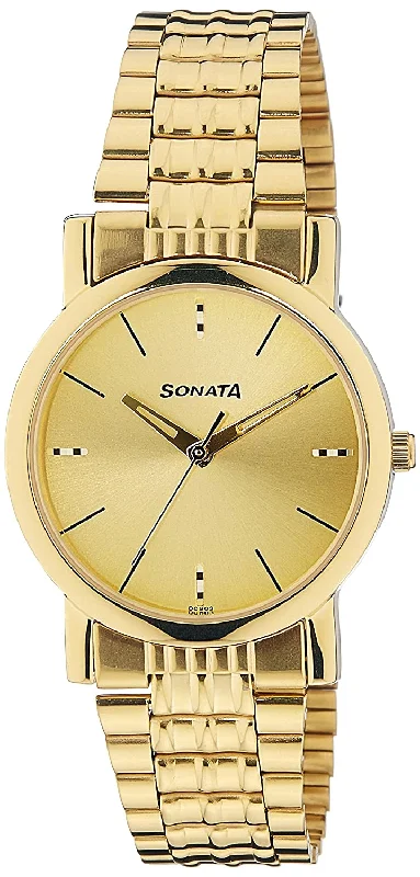 watches for women with simple minimalist dials -Sonata Champagne Dial Golden Stainless Steel Strap