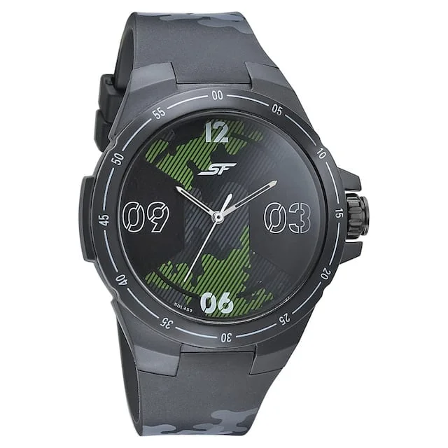 affordable watches for men with classic designs -SF Turbo Black & Green Dial Plastic Strap