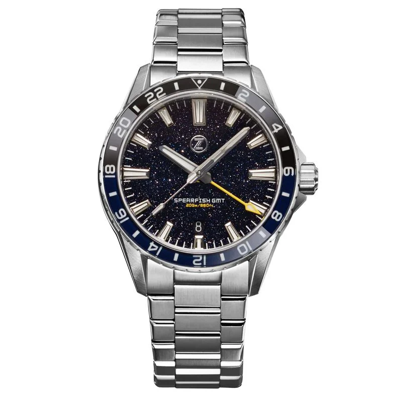 elegant mens watches with polished metal case -Zelos Spearfish GMT - Aventurine Limited Edition (Swiss Mvmt)