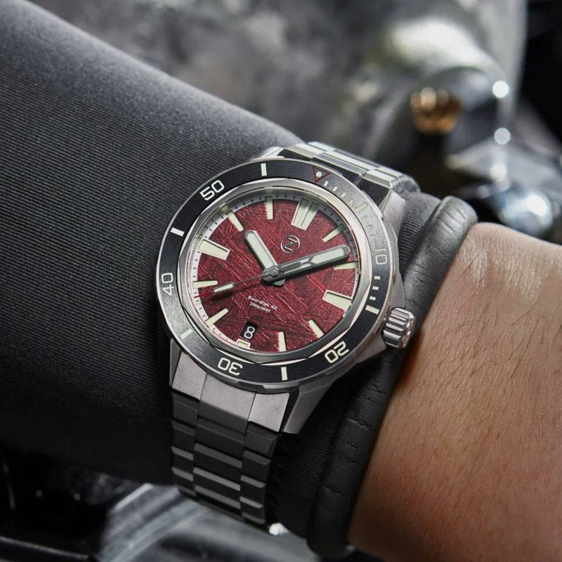 mens watches with a military-inspired design -Zelos Swordfish 40mm Titanium - Red Meteorite “Blood Moon”